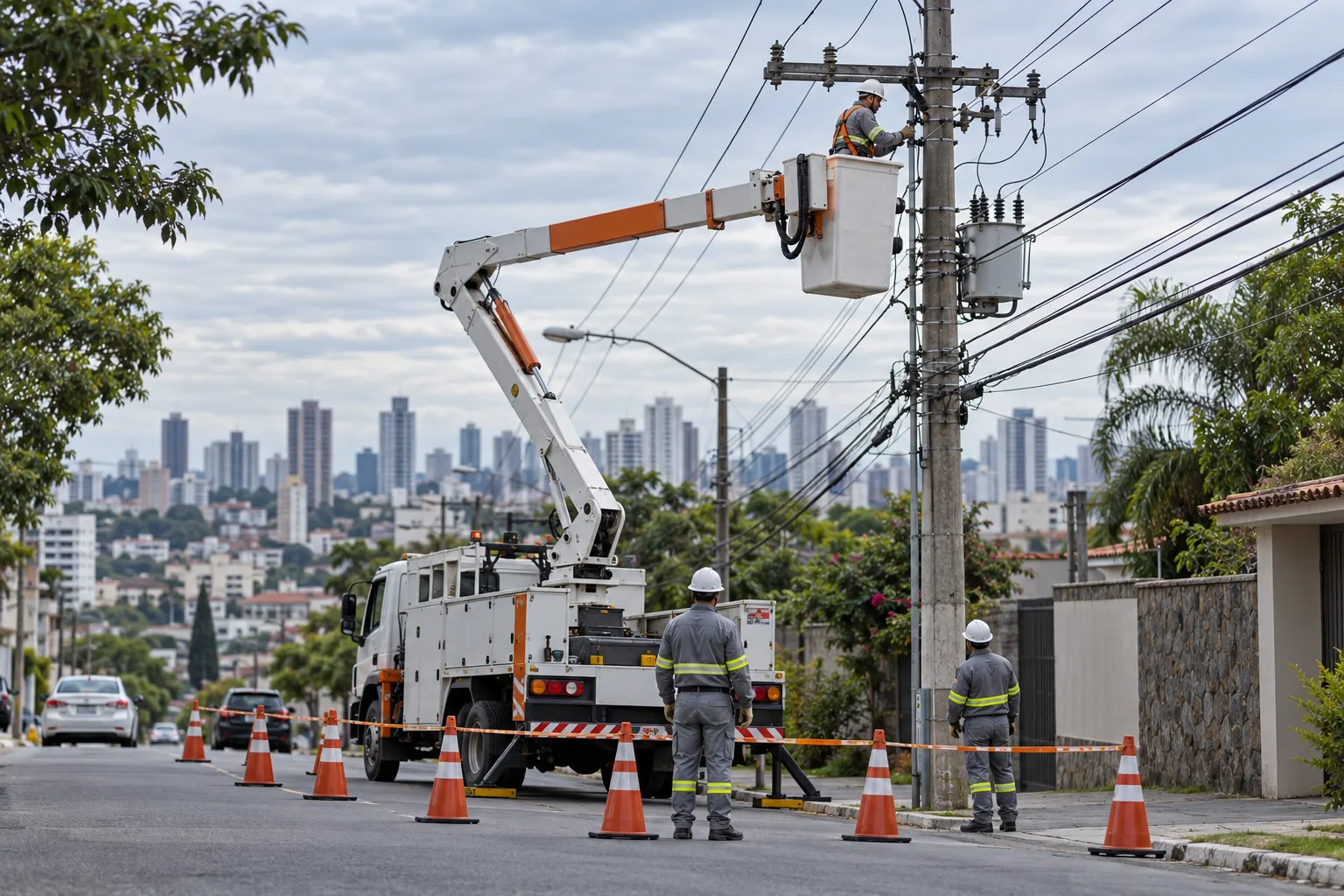 Equipe de manutenção trabalhando na rede elétrica